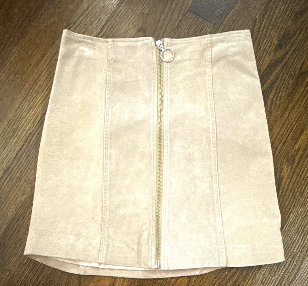 CAPULET Women’s Beige Suede Leather Mini Skirt Front Zip Ring Pull Size S